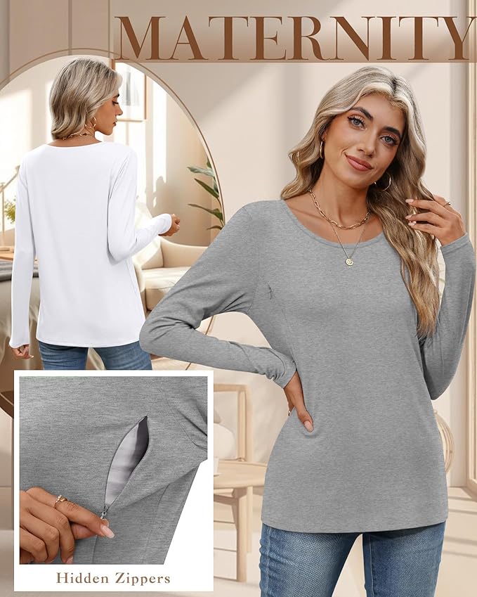 4 Pack Women's Cotton Nursing Tops, Breastfeeding Maternity with Hidden Zippers Crew Neck Long Sleeve Pregnancy Shirts