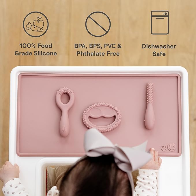 ezpz Oral Development Tools (3 Pack in Blush) - 3 Months+ - Non-Slip Loop, Smile and Stick 100% Silicone Tools - Prepare for Chewing + Solids - Baby-Led Weaning Supplies
