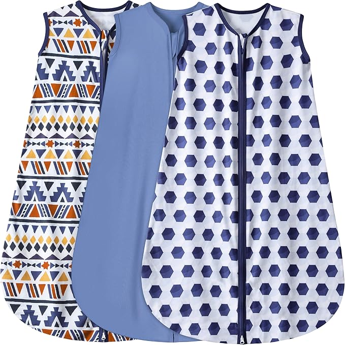 3 Pack Baby Sleep Sack 100% Rayon Cotton Baby Sleeping Bag 2-Way Zipper Toddler Wearable Blankets TOG 0.3. (Soccer&Triangles&Blue, 6-12 Months)
