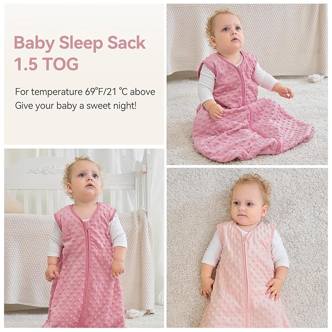 Fleece Baby Sleep Sack 12-18 Months with Plush Dots 1.5 Tog Baby Wearable Blanket with 2-Way Zipper Warm Sleeping Sack for Toddler Infant - Large, Pink