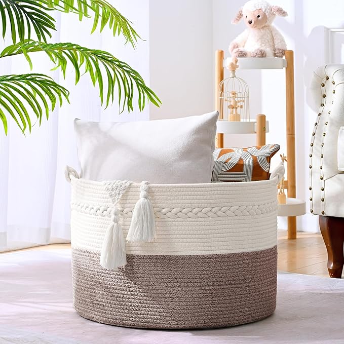 67L Large Blanket Basket, 20"x13" Woven Storage Baskets With Handle, Cotton Rope Blanket Basket Living Room, Baby Laundry hamper for Blanket, Nursery, Toy, Pillow (White & Oatmeal)