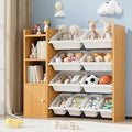 Toy Storage Organizer with 3 Shelves 1Lockers and 10 Bins, Toy Organizers Storage Bookshelf, Kids Bin Shelf Toys Box Bookcase for Bedroom Playroom Organization Room Decor - 100% Solid Wood