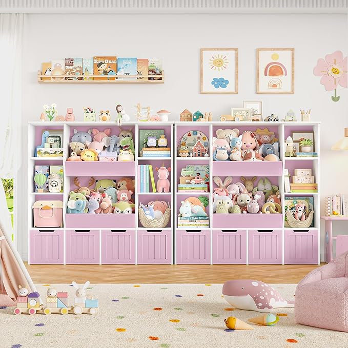 FINETONES Toy Organizers and Storage with 4 Movable Drawers, Large Toy Storage Organizer with 8 Open Storage Cubbies, Kids Bookshelf and Toy Storage with Hidden Wheels for Playroom, Kids Room,Pink