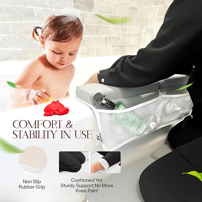 Baby Bath Kneeler & Elbow Rest Pad – Extra Thick Foam Pads for Comfort | Non-Slip, Machine Washable with Mesh Pockets & Suction Cups | Bonus Baby Brush & Washcloth – Thoughtful Gift for New Parents