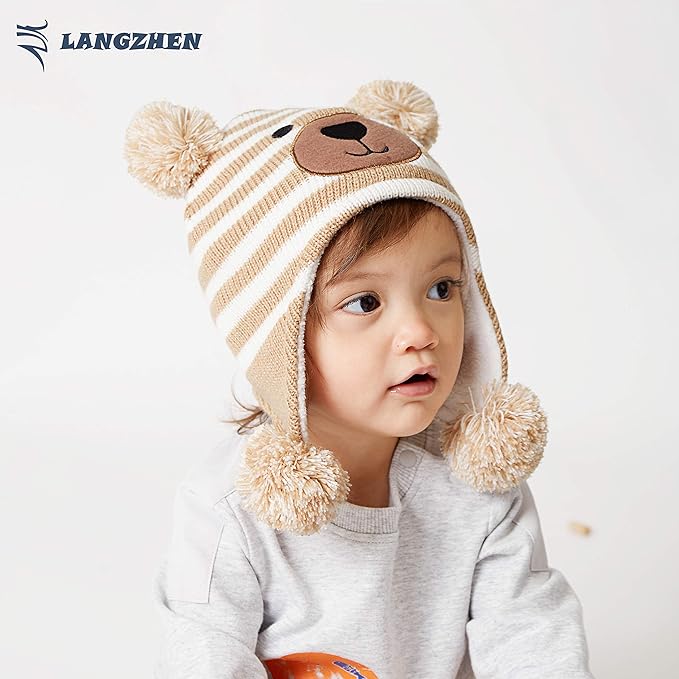 LANGZHEN Toddler Kids Infant Winter Hat,Earflap Knit Warm Cap Fleece Lined Beanie for Baby Boys Girls