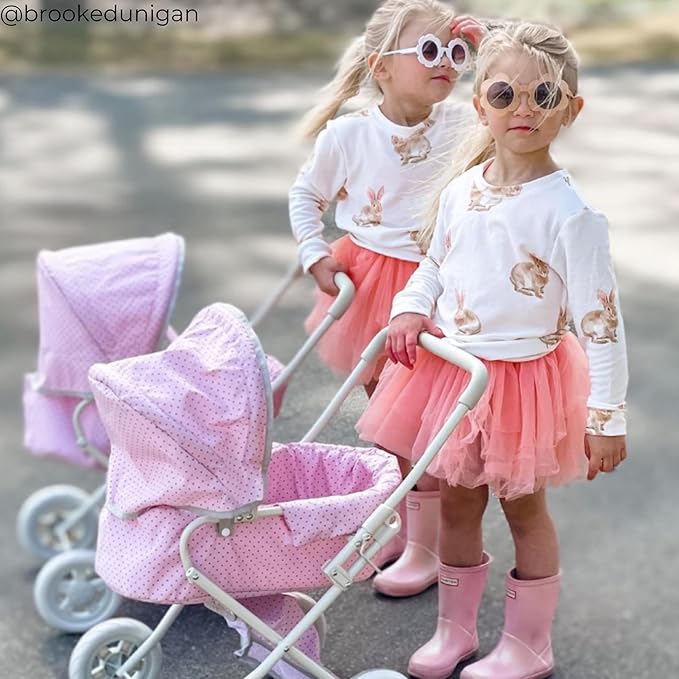 Olivia's Little World Buggy-Style Baby Doll Stroller with Retractable Canopy, Storage Underneath, Detachable Bassinet, Travel Nursery Bag, Comfortable to Push, Pink and Gray
