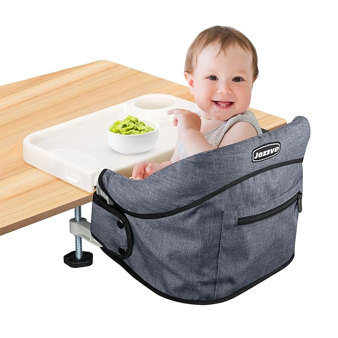 Hook On High Chair, Jozzve Clip on High Chair with Removable Dining Tray for Babies and Toddlers, Fold-Flat Storage Portable Baby Feeding Seat, Attach to Fast Table Chair for Home Travel (Grey)