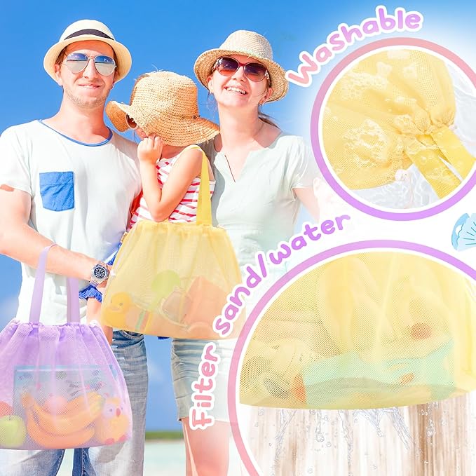 Tagitary Beach Toys Kids Beach Bag Tote with Drawstring,Yellow Purple Mesh Bag Travel Beach Essentials for Kids Swim Pool Gym Bag Camping Accessories Toys Storage Lightweight Foldable Birthday Gifts