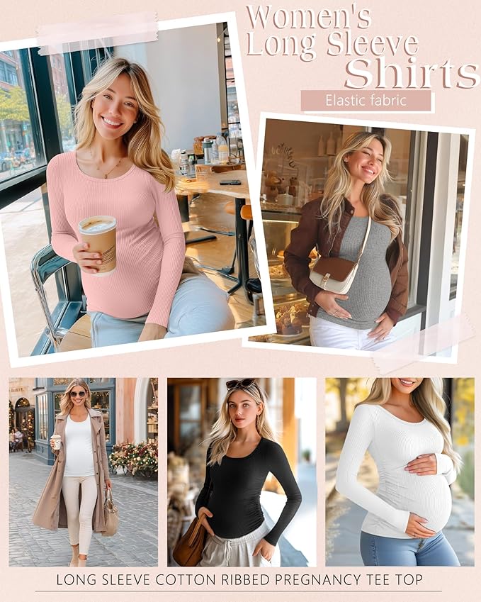 Riyiper 4 Pack Women's Maternity Shirts, Long Sleeve Cotton Ribbed Pregnancy Tee Top Crewneck Side Ruched Casual Mama Clothes