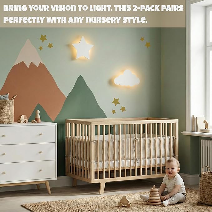 KALEOLI Cloud & Star Wall Lights 2 Pack - Dimmable & Rechargeable Nursery Night Lights for Kids & Baby Room Decor - Made for Bedtime Routines (Star Decals Included)