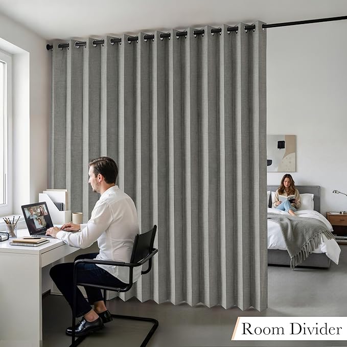 RYB HOME Accordion Style Room Divider Curtain-100% Blackout Folding Accordion Curtain for Sliding Glass Door/Bedroom, Privacy Assurd Living Room/Office Drape 1 Panel with Tieback, W100 x L96, Grey