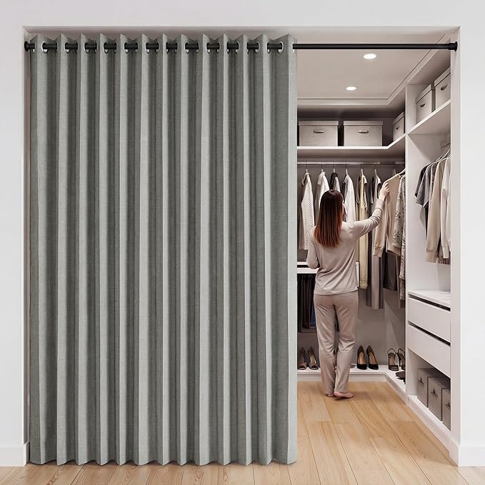 RYB HOME Accordion Style Room Divider Curtain-100% Blackout Folding Accordion Curtain for Sliding Glass Door/Bedroom, Privacy Assurd Living Room/Office Drape 1 Panel with Tieback, W100 x L96, Grey