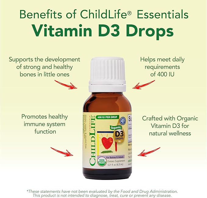 CHILDLIFE Essentials Organic Vitamin D3 Drops for Infants & Newborns - Baby Vitamin D Drops, 400 IU per Liquid Drop, Immune & Bone Health Support, USDA Organic, Flavorless - 0.21 Fl Oz (1 Pack)