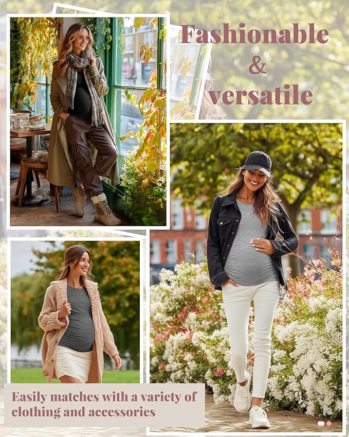 Ficerd 3 Pack Women's Maternity Shirts, Long Sleeve Side Ruched Pregnancy Tee Tops Crew Neck Casual Mama Clothes Basic Tunic