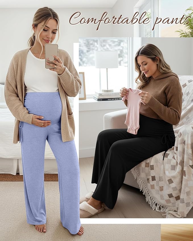 Neer 3 Pack Women's Maternity Pants Over The Belly Loose Pregnancy Pants Stretchy Lounge Wide Leg Trousers with Pockets