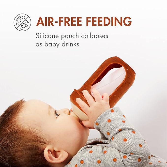 Boon Nursh Reusable Silicone Pouch Baby Bottles - Medium Flow Nipple - Silicone Baby Bottle Pouch and Nipple - Baby Feeding Essentials - Speckle - 3-6 Months - 3 Count - 8 Ounce