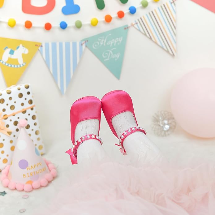 Baby Girls Mary Jane Flats - Infant Newborn Walking Shoes Soft Rubber Sole Princess Wedding