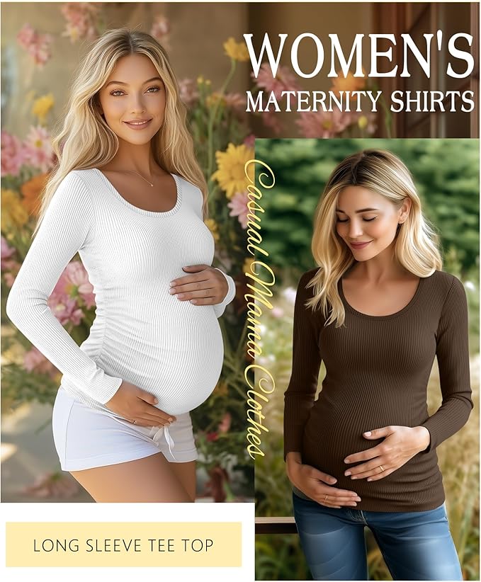 Riyiper 4 Pack Women's Maternity Shirts, Long Sleeve Cotton Ribbed Pregnancy Tee Top Crewneck Side Ruched Casual Mama Clothes