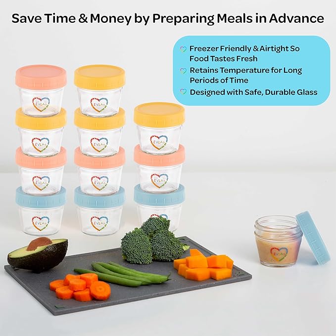 EVLAs Baby Food Containers 12-Pack - 4 oz Glass Jars with Lids - BPA-Free, Microwave, Freezer, and Dishwasher Safe Glass Baby Food Jars or Toddler Snack Containers for Kids Purees or Breastmilk