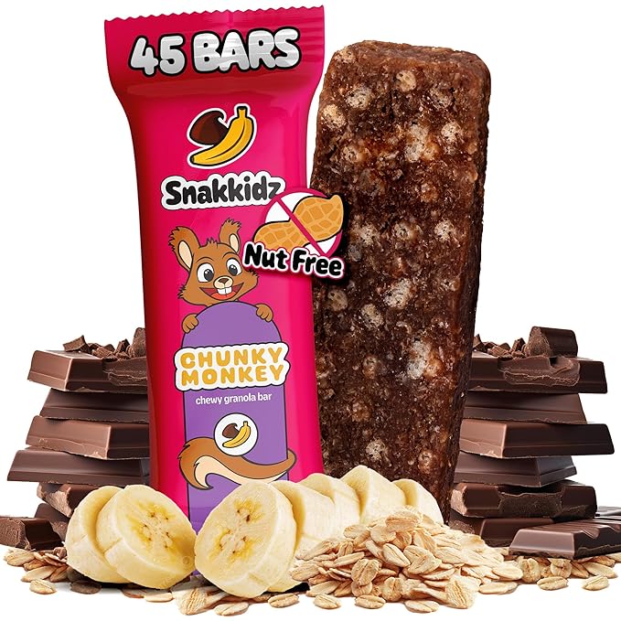Snakkidz Organic Chewy Granola Bar, Allergen Free, Made with Avocado Oil, Low Sugar (45 Bars, Chunky Monkey)