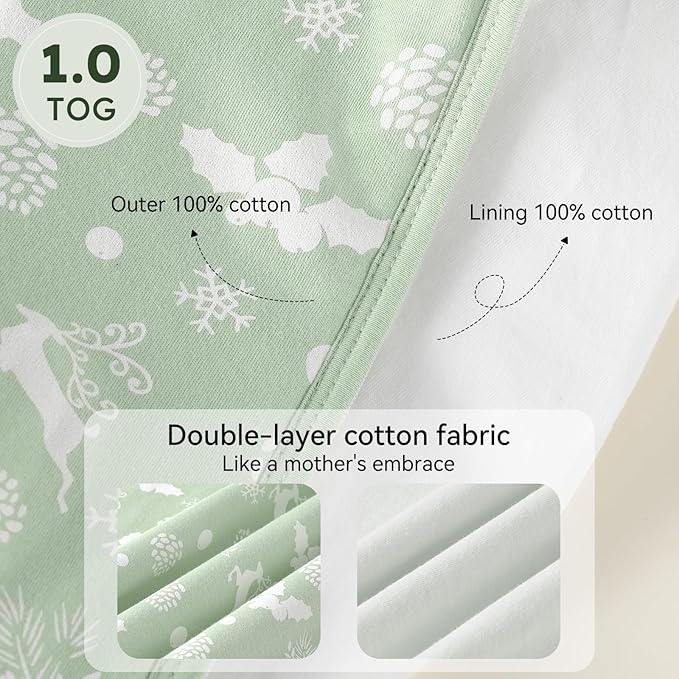 Baby Sleep Sack 6-12 Months 1.0 Tog Baby Wearable Blanket 100% Cotton Sleeping Sack with 2-Way Zipper for Infant Newborn Green Tree