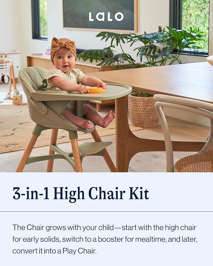 Lalo The 3-in-1 High Chair Kit - Convertible Wooden High Chair for Babies & Toddlers with Infant Support, Cushion, Booster Conversion Kit & Play Legs, Adjustable Footrest - Coconut