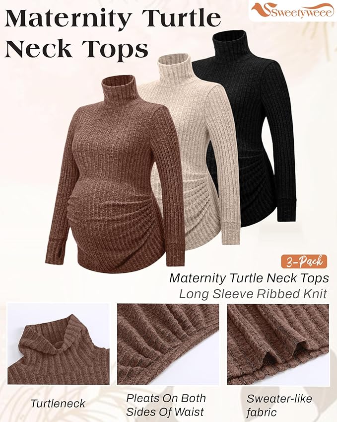 3 Pack Maternity T-Shirts Pregnancy Tops Women Sweater Long Sleeve Turtleneck Ribbed Finger Sleeve Outfits