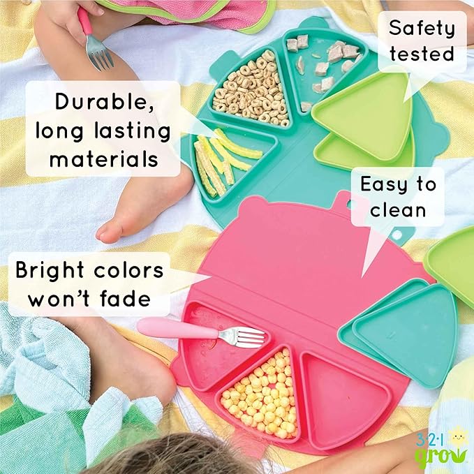 Silicone On-The-Go Snack Mat – Foldable Reusable Placemat with 3 Compartments and Lids – Travel-Friendly Baby and Toddler Snack Plate – Dishwasher Safe (Aqua)
