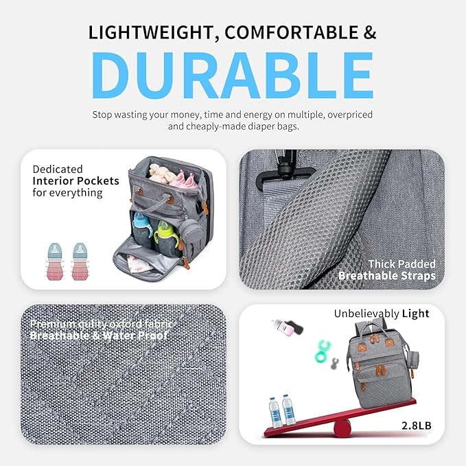 KABAQOO Diaper Bag Backpack with Detachable Changing Station, Large Capacity Baby Diaper Bags for Boys & Girls, Baby Registry Search Stuff & Shower Gifts, Newborn Essentials Must Haves, Grey