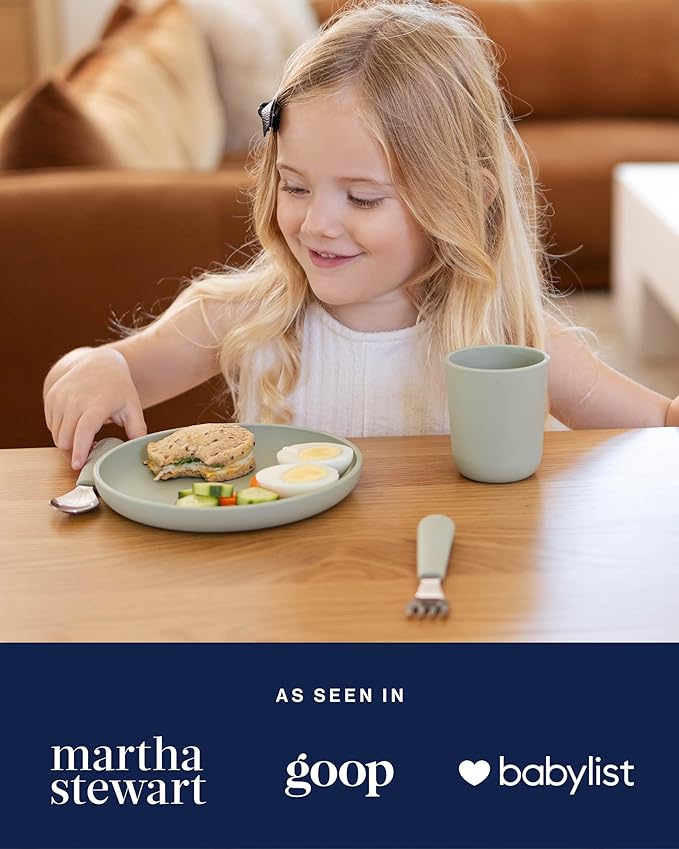 Lalo Big Bites Kids Dinnerware Full Set - Dishwasher Safe, BPA Free, Kids Tableware Set - Includes Stackable Bowl, Plate, Utensils & Cup - 7 Pieces - Olive