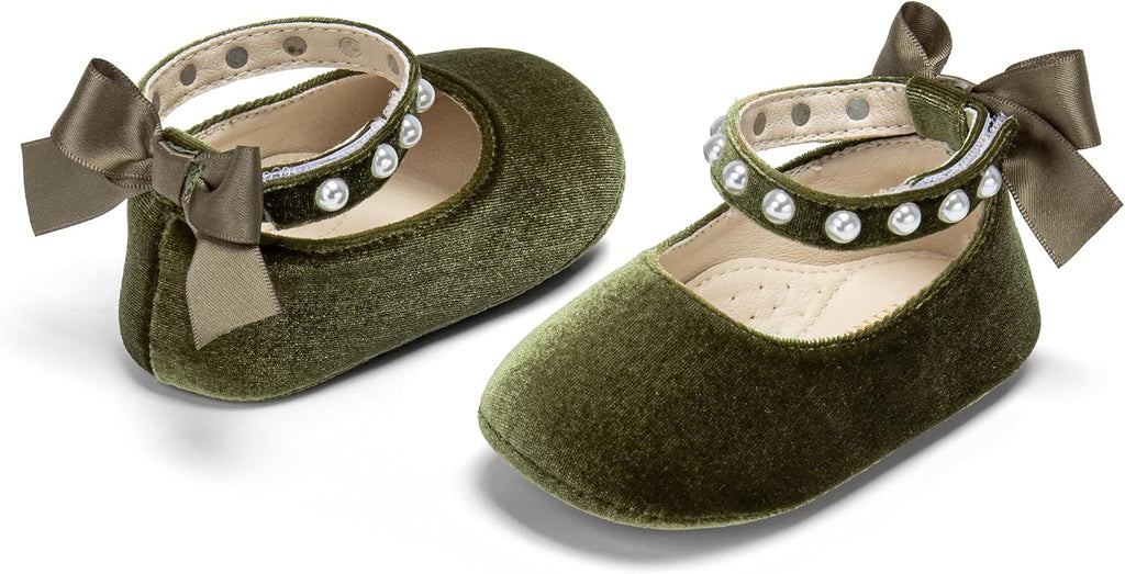 Baby Girls Mary Jane Flats - Infant Newborn Walking Shoes Soft Rubber Sole Princess Wedding