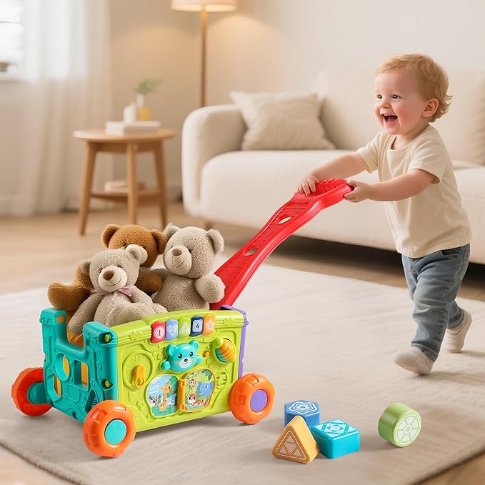 Musical Push Walker Toy for Toddlers 18+ Months - Educational Activity Wagon with Blocks, Learning Walking Assistant with Handle for Boys & Girls
