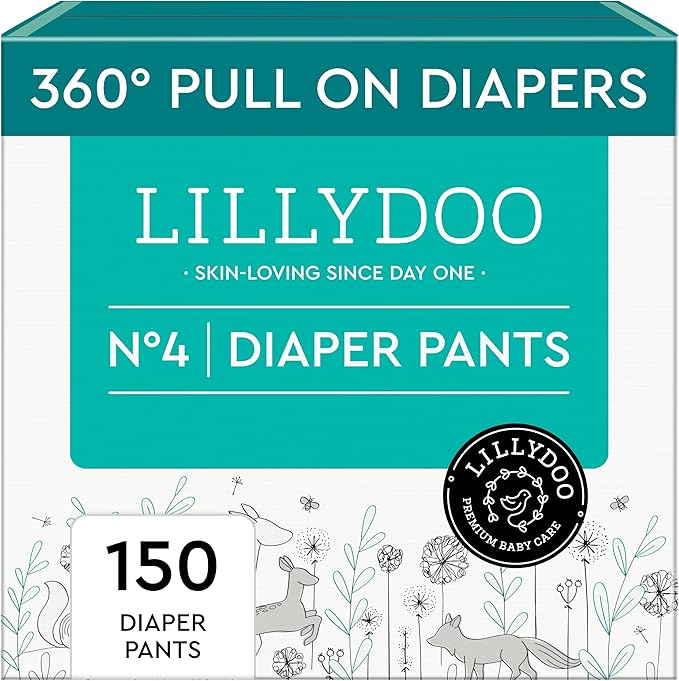 LILLYDOO Diaper Pants Toddlers - Size 4 (20-31 lbs), Monthly Supply (150 Count), Skin-Friendly, Ultrasoft, Chlorine-Free, Snug Fit & Absorbent Pull On Diapers