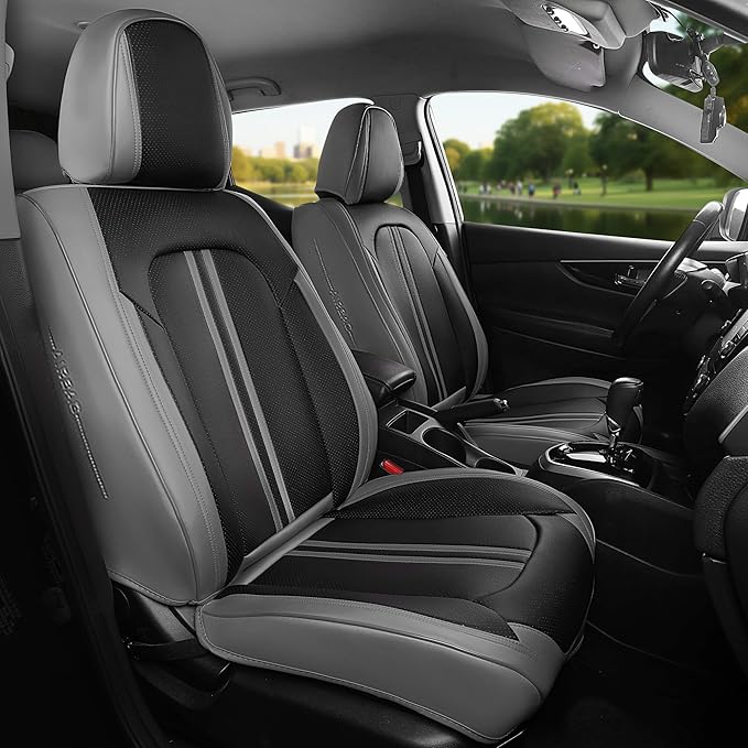 FREESOO Car Seat Covers Full Set, Black Grey Waterproof Car Seat Cover, Leather Seat Covers for Trucks, Luxury Car Seat Covers Front Seats and Auto Back, Car Seat Protector Cushion for Most SUV Cars
