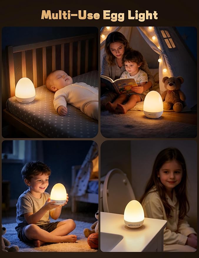 MediAcous Night Lights for Kids Room, Egg Light for Nursery with Stable Charging Pad, Dimmable Baby Night Light with 1H Timer & Touch Control, ABS+PC LED Egg Night Light for Breastfeeding, Up to 200H
