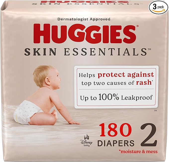 Huggies Size 2 Diapers, Skin Essentials Baby Diapers, Size 2 (12-18 lbs), 180 Count (3 Packs of 60)
