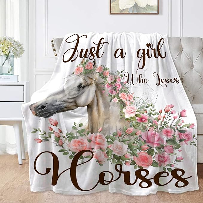 Just A Girl Who Loves Horses Blanket for Adults,Flowers Animals Throw Blanket for Girls Boys Lightweight Cute Horse Soft Cozy Flannel Blanket for Kids 90 * 120 Inches