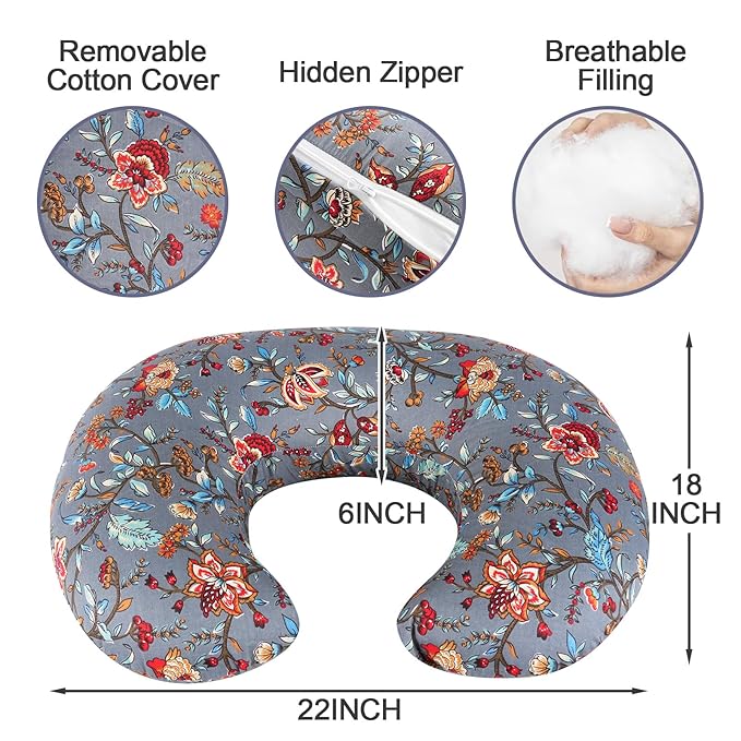 Nursing Pillow, Breastfeeding Pillows with Standard Size Removable Cover, Breast Feeding Pillow with Breathable Filling, Ergonomic Nursing Essentials for Bottle and Breastfeeding- Peony
