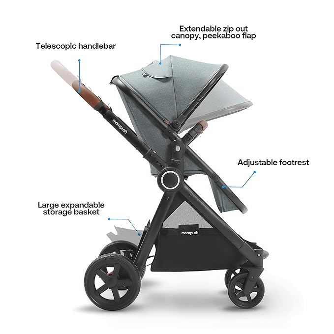 Mompush Ultimate2 Baby Stroller, Premium Convertible Full-Size Stroller for Toddler, Reversible Seat with One Hand Recline Adjustment, Car Seat Adapter Included