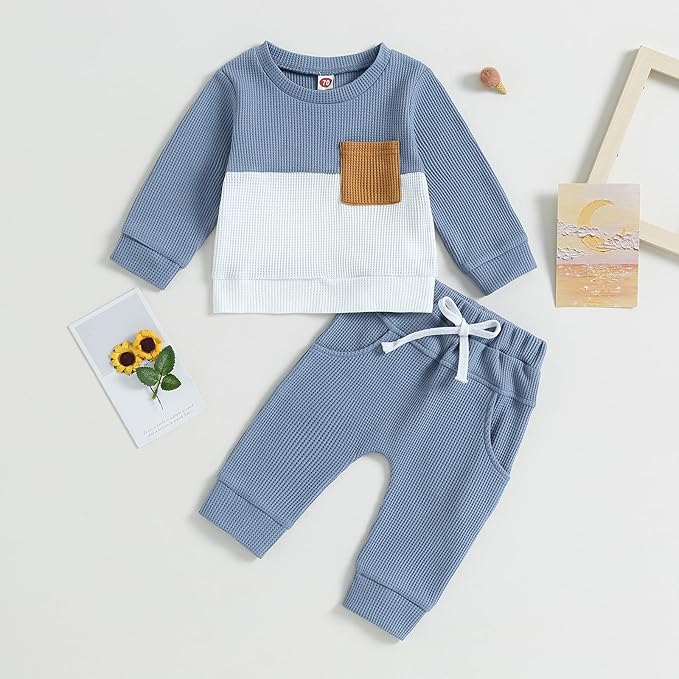 Toddler Baby Boy Fall Clothes Waffle Contrast Color Sweatshirt Pants Sets Infant Winter Outfits 6 12 18 24 Months