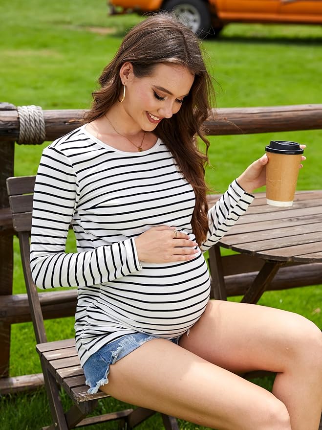 Maternity Shirts Long Sleeve Pregnancy Top for Women with Crew Neck Casual Tee Shirts