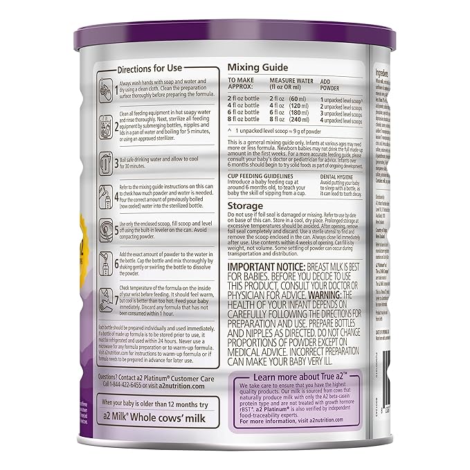 a2 Platinum® Premium Infant Formula for Babies Ages 0-12 Months, Whole Milk Powder-Based Formula with Iron, Nutritionally Complete, Made with Pure and Natural a2 Milk®, 31.7- oz Can