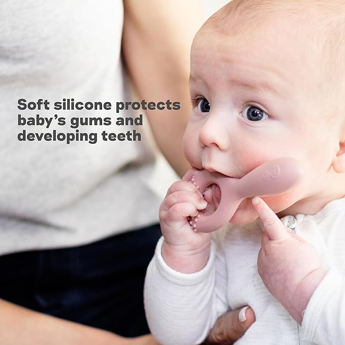 ezpz Oral Development Tools (3 Pack in Blush) - 3 Months+ - Non-Slip Loop, Smile and Stick 100% Silicone Tools - Prepare for Chewing + Solids - Baby-Led Weaning Supplies