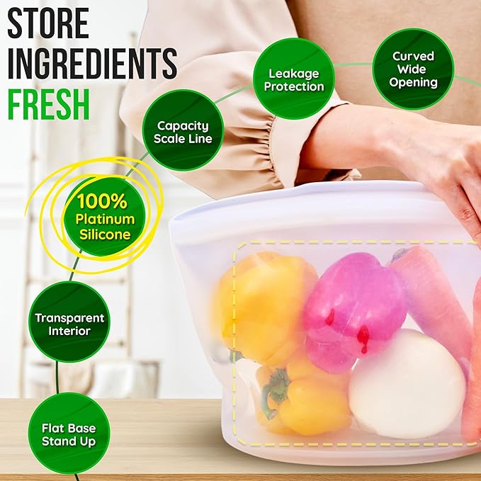 Premium Platinum Silicone Reusable Food Storage Bags 3-Pack (17 fl oz + 29 fl oz + 51 fl oz), Airtight Zip Lock Bags for Food, BPA-Free Silicone Freezer Bags, Microwave Safe, White