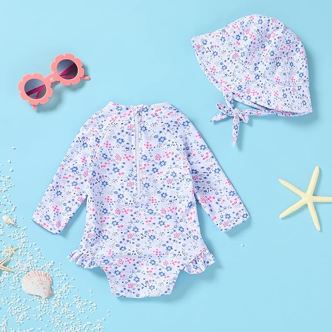 Infant Baby Girl Swimsuit One-Piece Long Sleeve Rash Guard with Hat Set Floral Zipper Bathing Suit Leopard Beach Wear