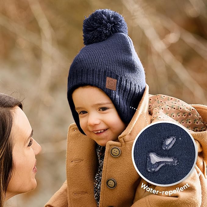 Baby Beanies, Baby Hats for Boys, Girls - Cute Toddler Winter Hat, Soft & Stretchy Beanies for Infant, Newborn 0-6 Months, Cozy & Warm with Earflap Muff & Pom (Navy, S)