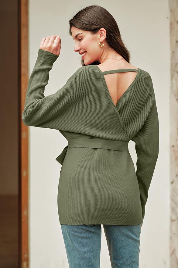 OUGES Womens Soft Cotton Blend Maternity Sweater Wrap V Neck Long Sleeve V Back Fall Shirts Pregnancy Outfits with Belt