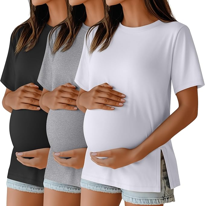 Ficerd 3 Pack Women's Maternity T Shirts, Short Sleeve Side Split Pregnancy Tops Casual Crew Neck Pregnant Tees Mama Clothes