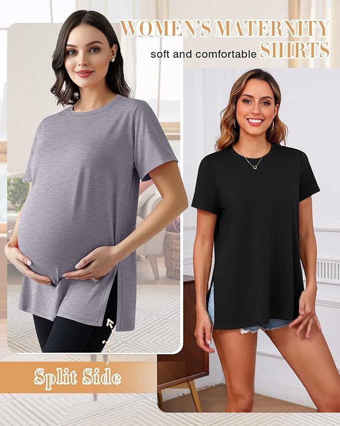 Ficerd 3 Pack Women's Maternity T Shirts, Short Sleeve Side Split Pregnancy Tops Casual Crew Neck Pregnant Tees Mama Clothes