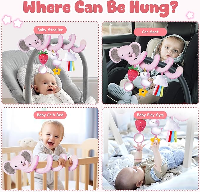 Stuffed Spiral Car Seat Toys for Baby Girls 0-6 Months, Perfect Newborn Gifts for Girls Essentials, Cute Pink Elephant Strawberry Hanging Plush Items